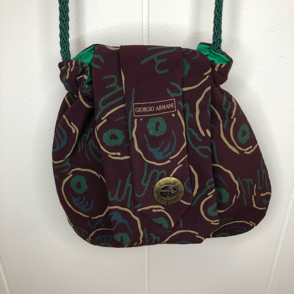 Handmade Giorgio Armani Tie Burgundy, Green and Teal Crossbody Bag